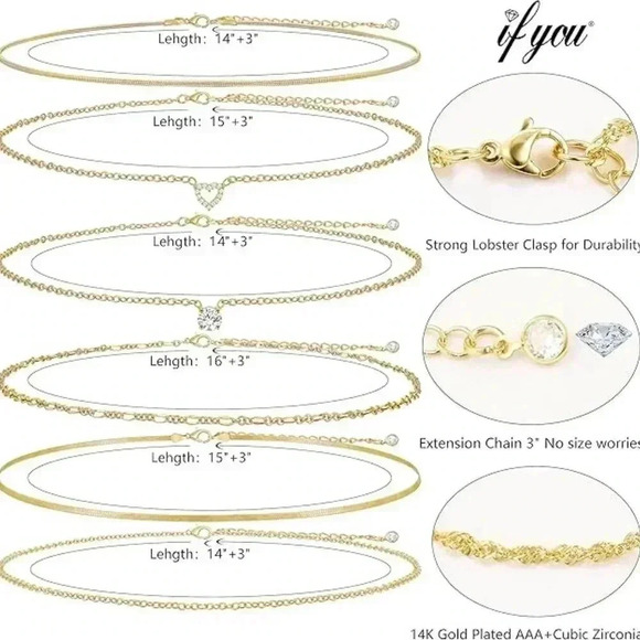 iF YOU 6 Pcs Gold Chokers Necklace Set for Women, 14k Gold Plated CZ Pendant - Picture 4 of 5